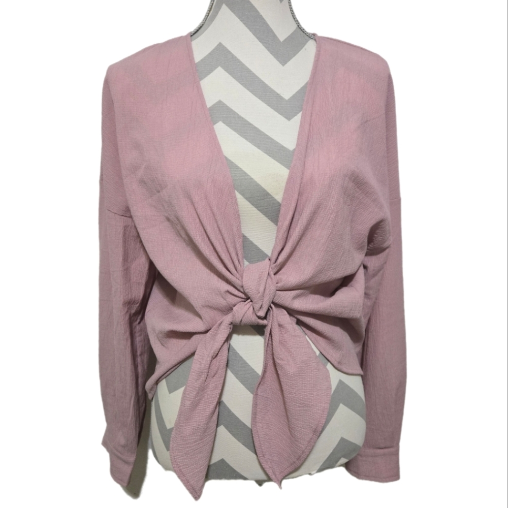 Mauve Pink Tie-Front Long Sleeve Blouse Textured Button Cuff Top